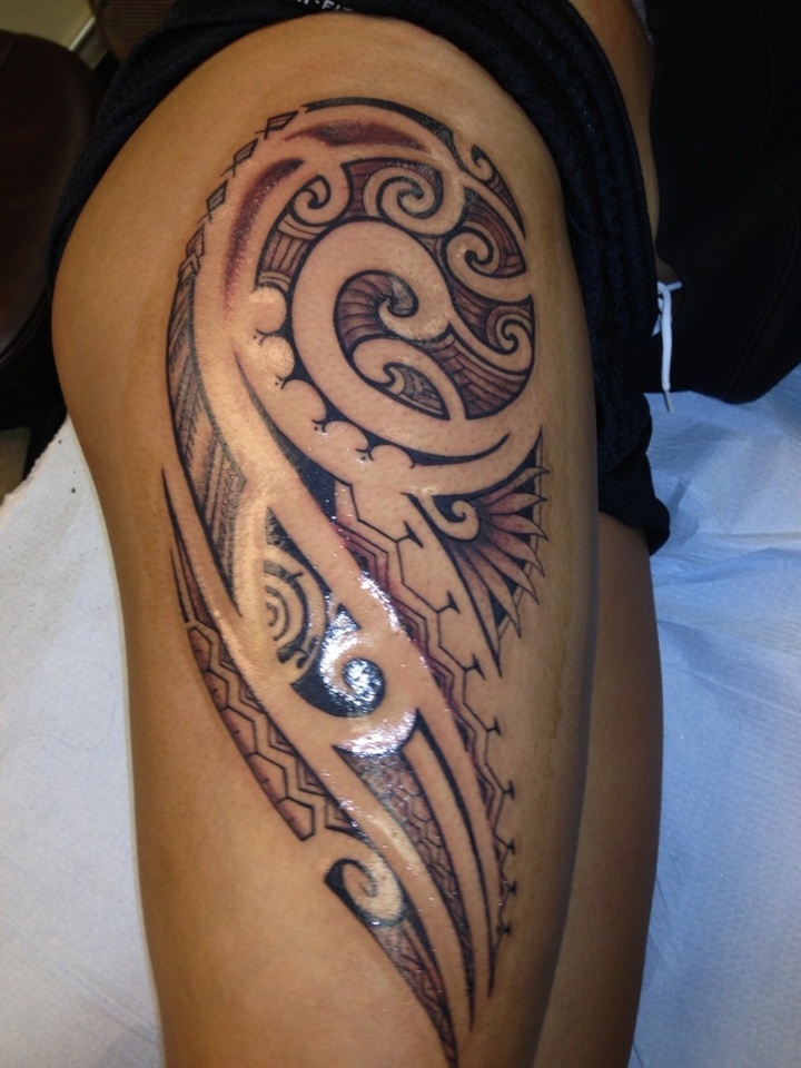 Large Polynesian upperback thigh and stomach tattoo flash design